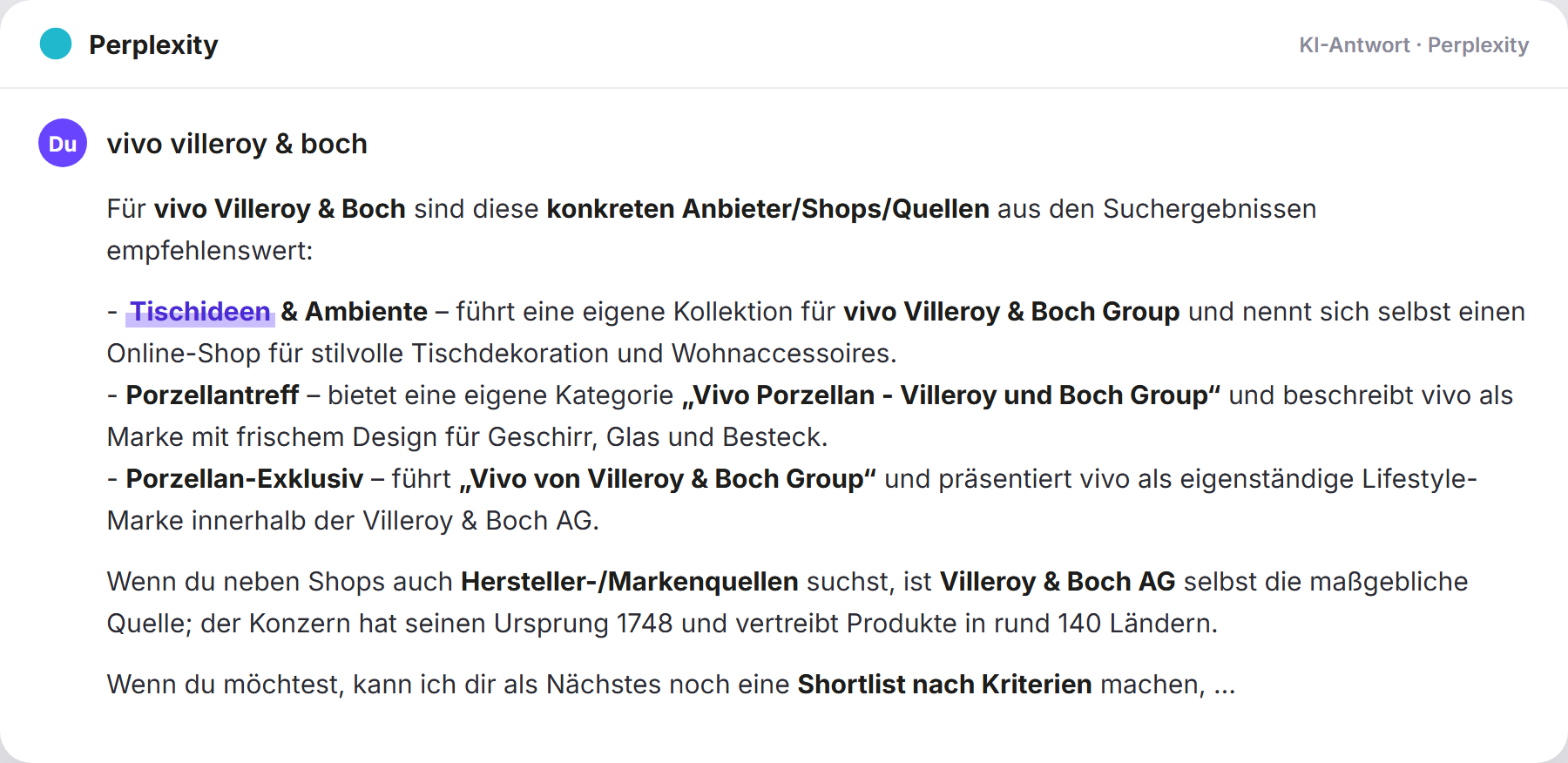 Perplexity nennt Tischideen: „vivo villeroy & boch…