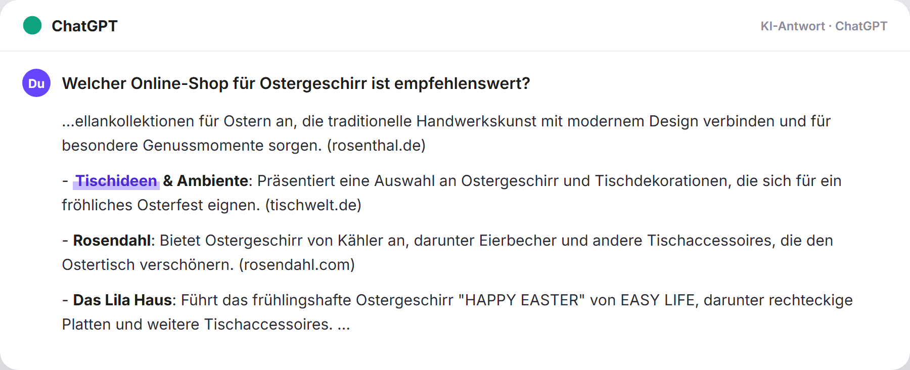 ChatGPT nennt Tischideen: „Welcher Online-Shop für Ostergeschirr ist empfehlenswert?…