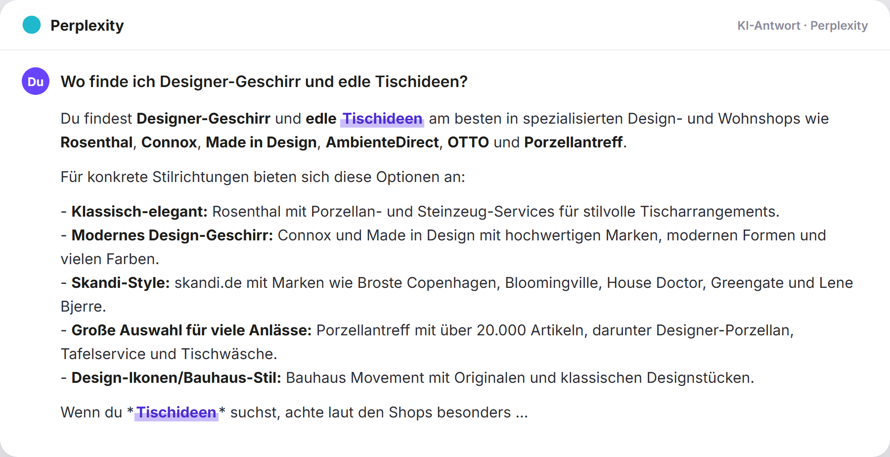 Perplexity nennt Tischideen: „Wo finde ich Designer-Geschirr und edle Tischideen?…