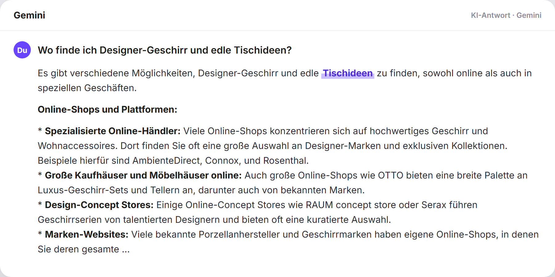 Gemini nennt Tischideen: „Wo finde ich Designer-Geschirr und edle Tischideen?…