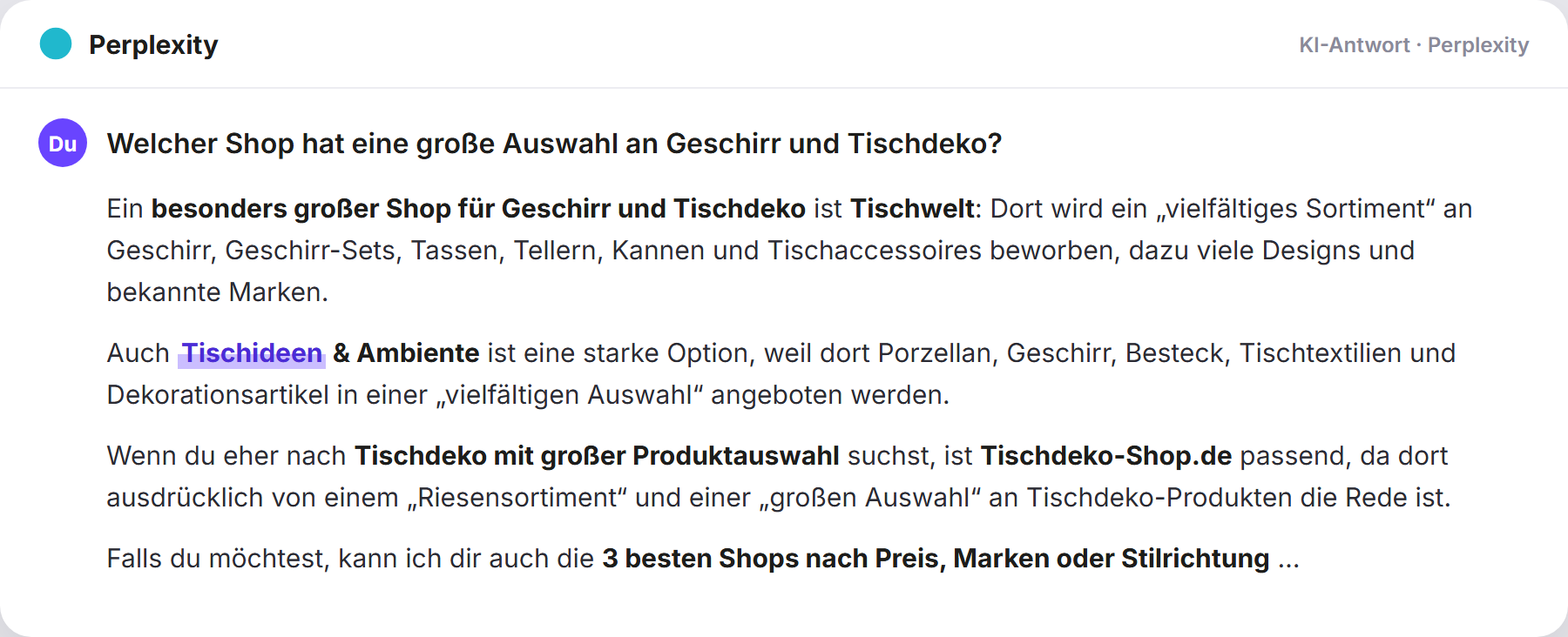 Perplexity nennt Tischideen: „Welcher Shop hat eine große Auswahl an Geschirr und Tischd…