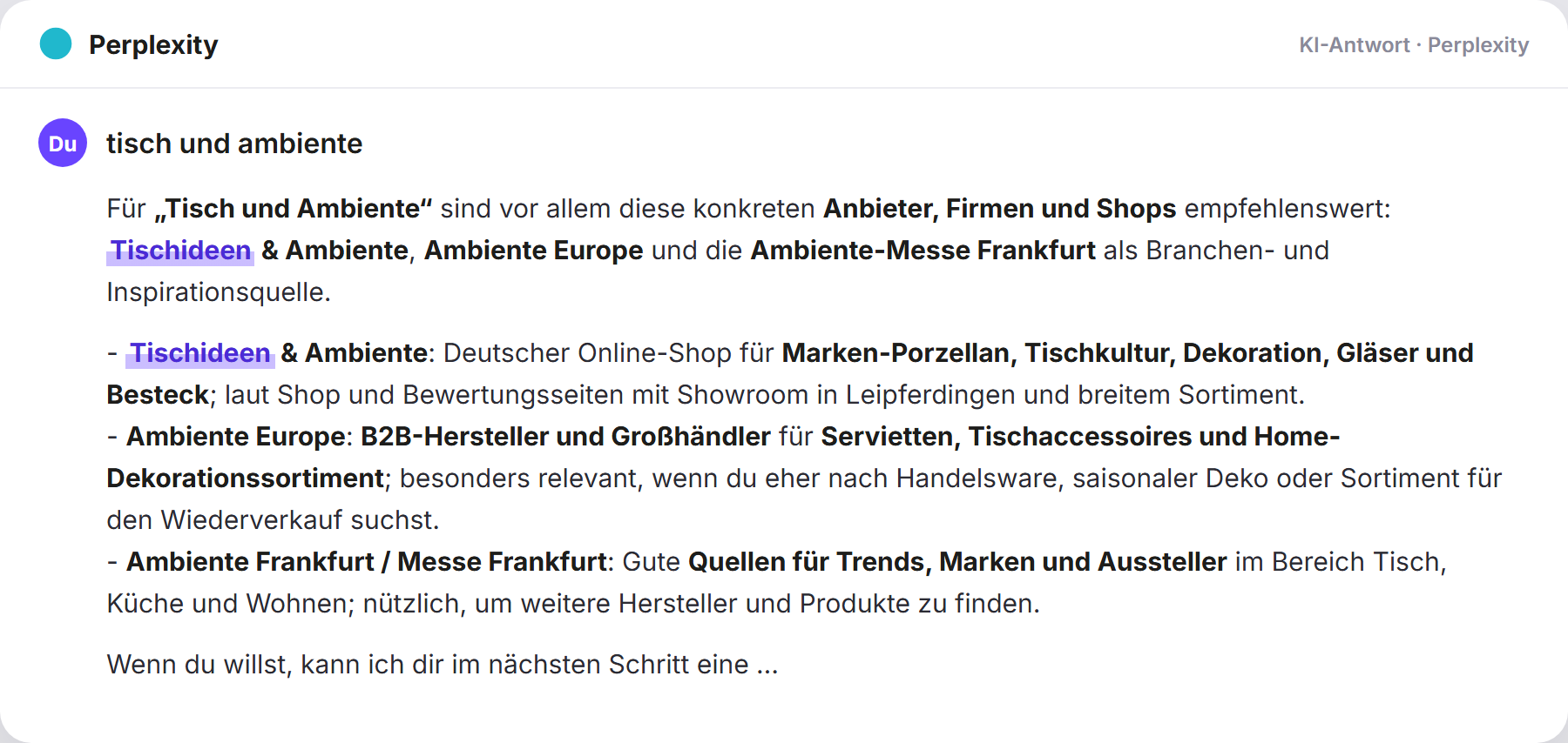 Perplexity nennt Tischideen: „tisch und ambiente…