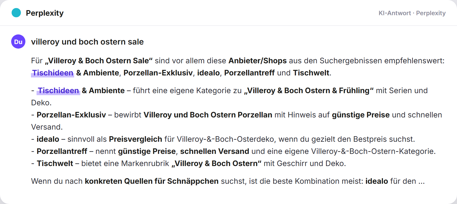 Perplexity nennt Tischideen: „villeroy und boch ostern sale…