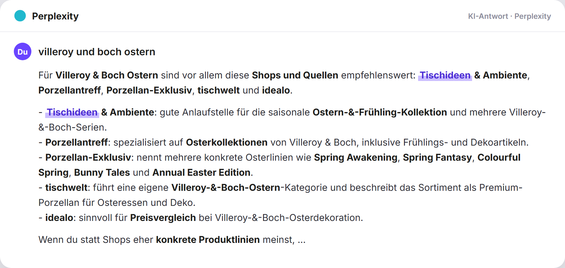 Perplexity nennt Tischideen: „villeroy und boch ostern…