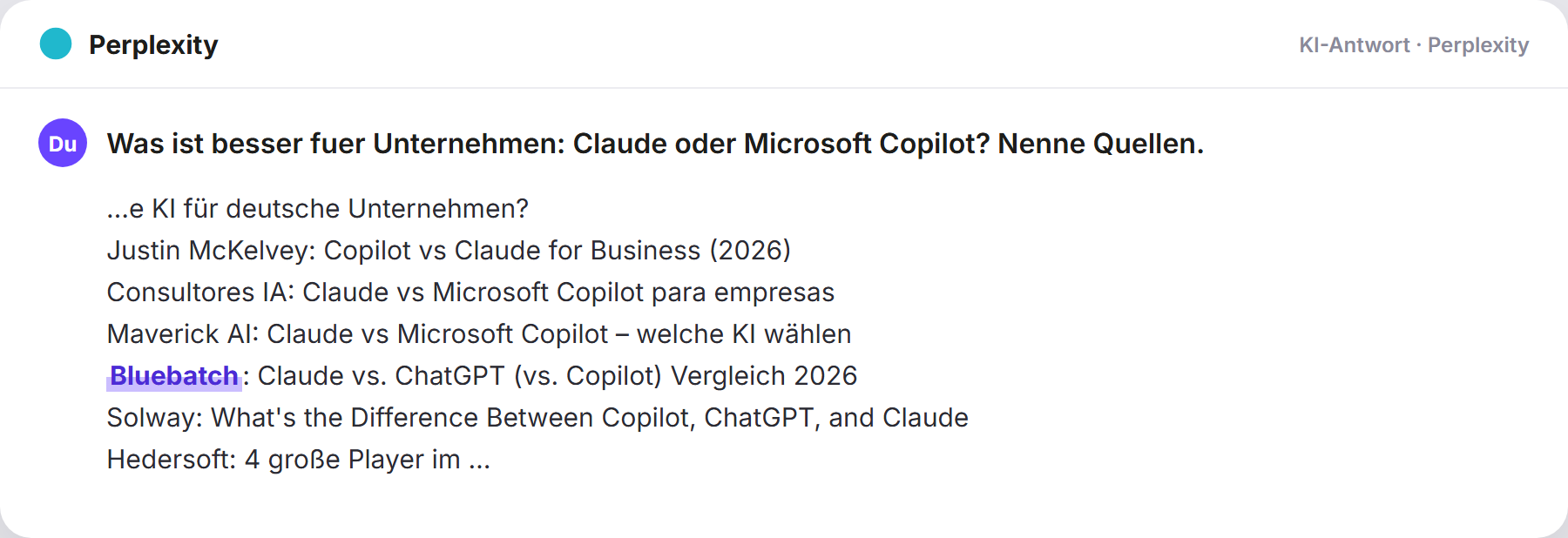 Perplexity nennt BlueBatch: „Was ist besser fuer Unternehmen: Claude oder Microsoft Copil…