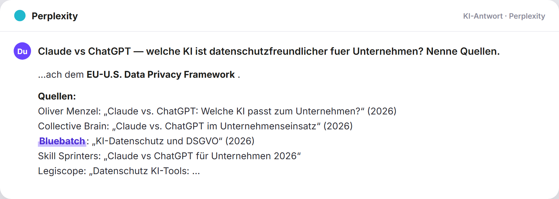 Perplexity nennt BlueBatch: „Claude vs ChatGPT — welche KI ist datenschutzfreundlicher fu…