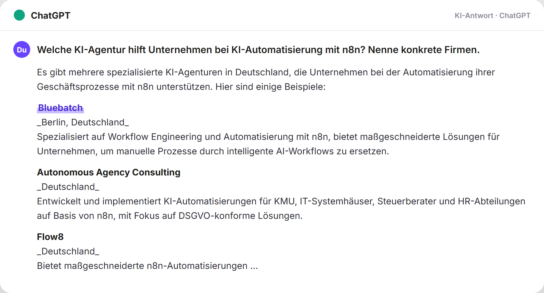 ChatGPT nennt BlueBatch: „Welche KI-Agentur hilft Unternehmen bei KI-Automatisierung m…