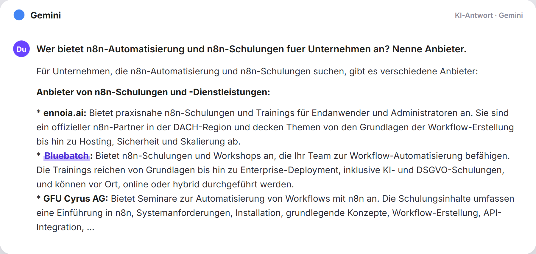 Gemini nennt BlueBatch: „Wer bietet n8n-Automatisierung und n8n-Schulungen fuer Unter…