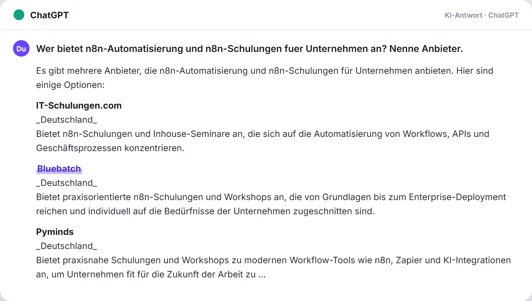 ChatGPT nennt BlueBatch: „Wer bietet n8n-Automatisierung und n8n-Schulungen fuer Unter…