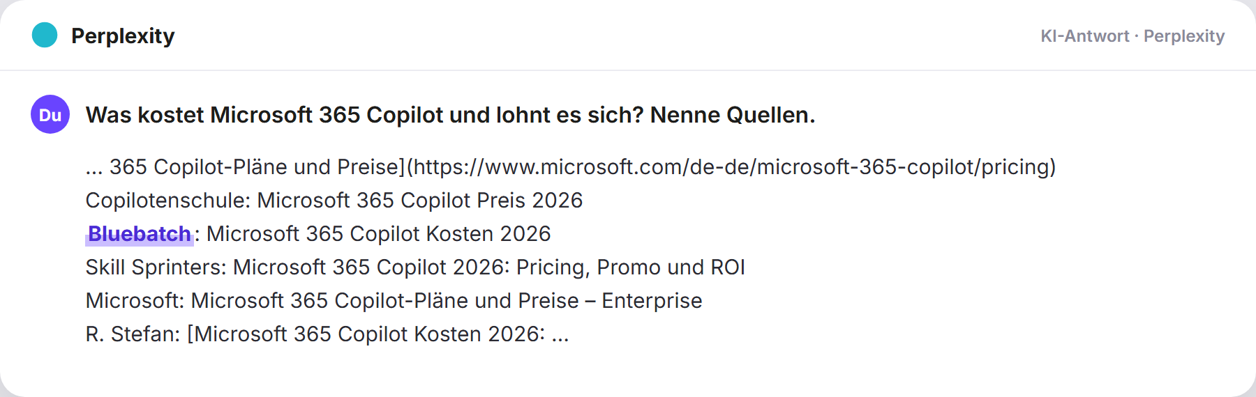 Perplexity nennt BlueBatch: „Was kostet Microsoft 365 Copilot und lohnt es sich? Nenne Qu…