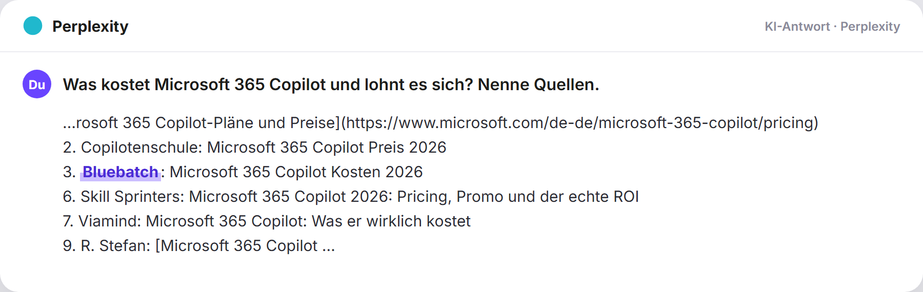 Perplexity nennt BlueBatch: „Was kostet Microsoft 365 Copilot und lohnt es sich? Nenne Qu…