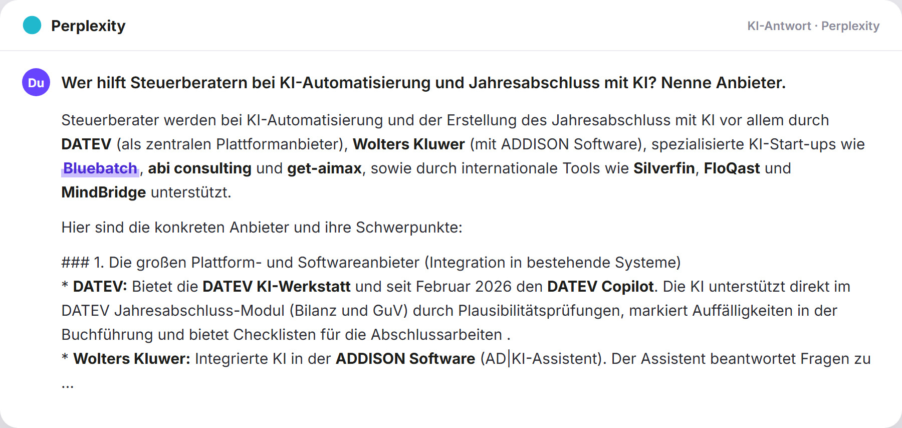 Perplexity nennt BlueBatch: „Wer hilft Steuerberatern bei KI-Automatisierung und Jahresab…
