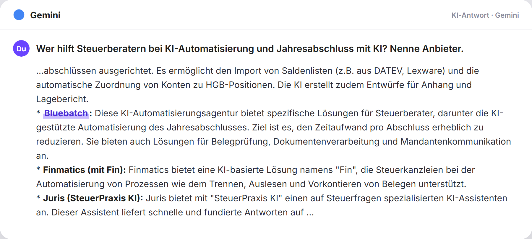 Gemini nennt BlueBatch: „Wer hilft Steuerberatern bei KI-Automatisierung und Jahresab…
