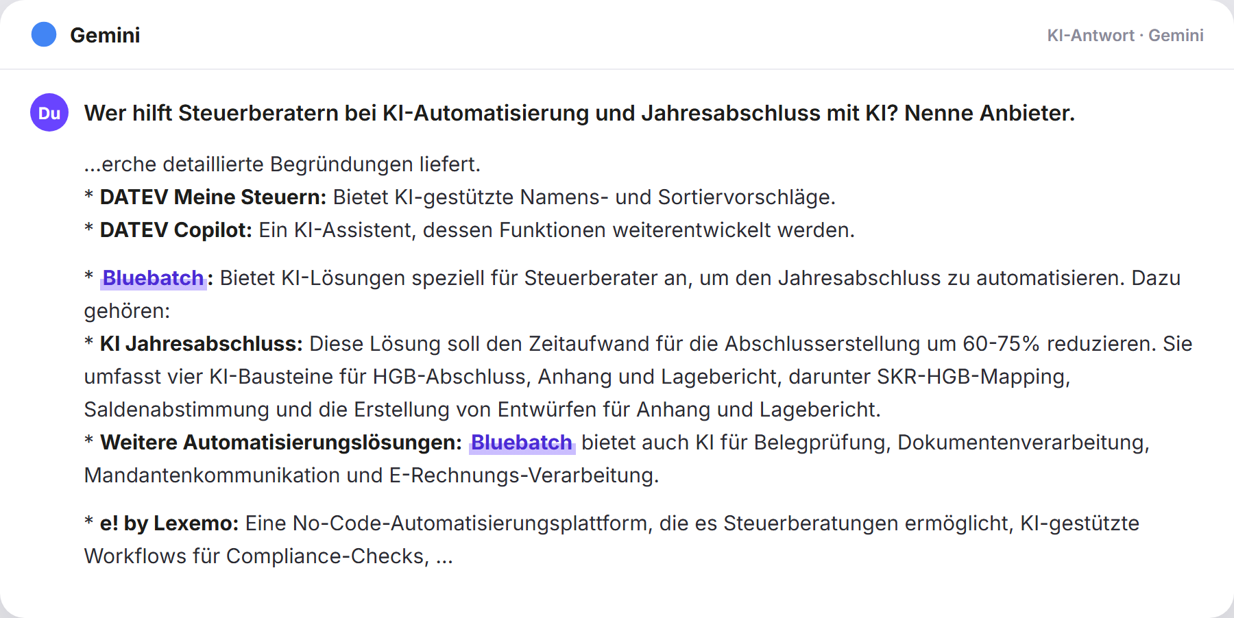Gemini nennt BlueBatch: „Wer hilft Steuerberatern bei KI-Automatisierung und Jahresab…