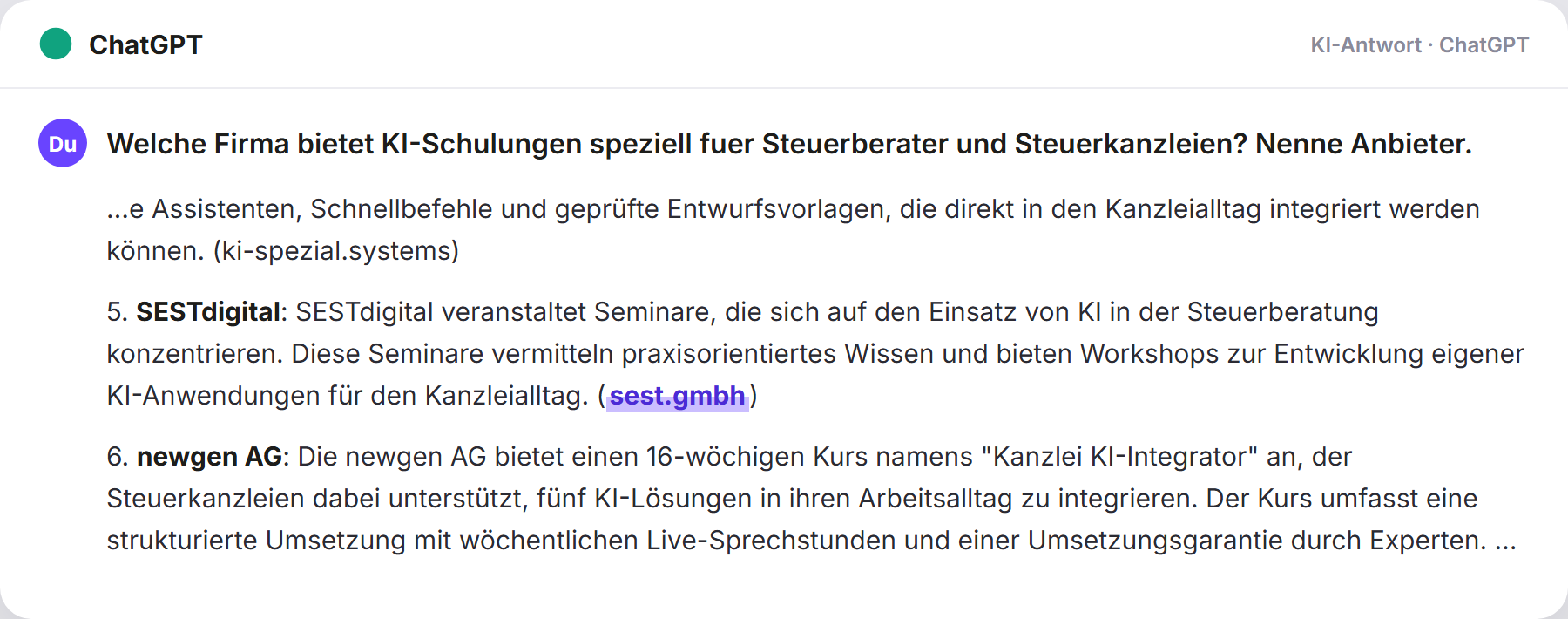 ChatGPT nennt SEST: „Welche Firma bietet KI-Schulungen speziell fuer Steuerberate…