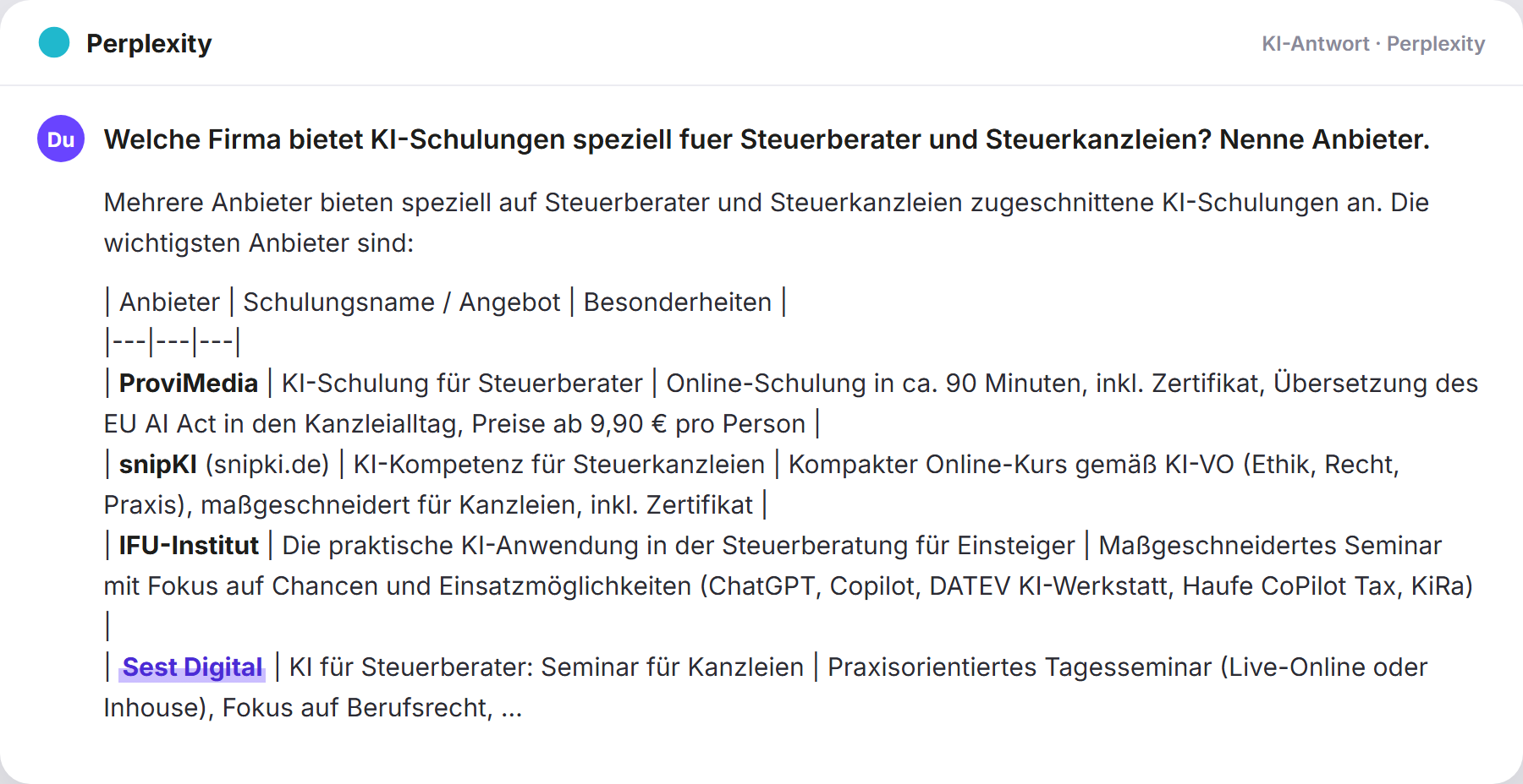 Perplexity nennt SEST: „Welche Firma bietet KI-Schulungen speziell fuer Steuerberate…