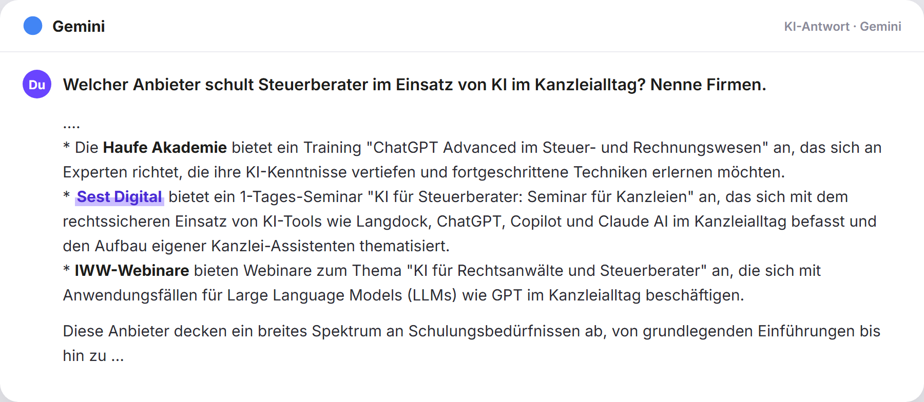 Gemini nennt SEST: „Welcher Anbieter schult Steuerberater im Einsatz von KI im K…