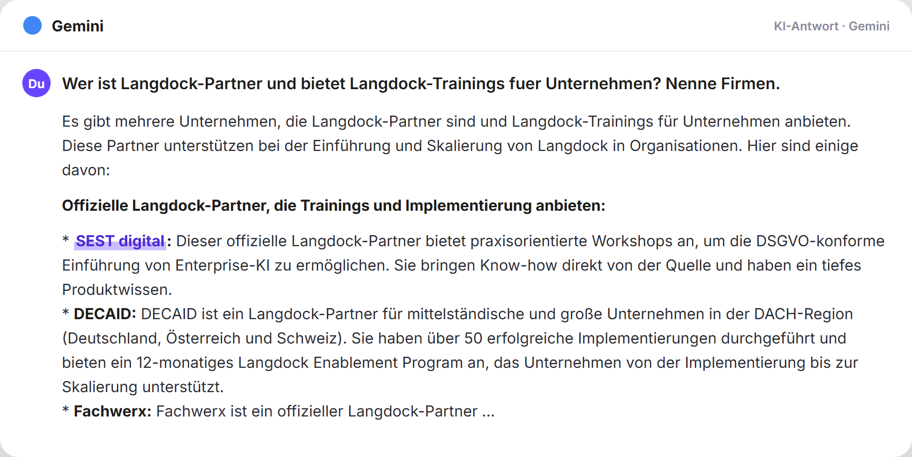 Gemini nennt SEST: „Wer ist Langdock-Partner und bietet Langdock-Trainings fuer …
