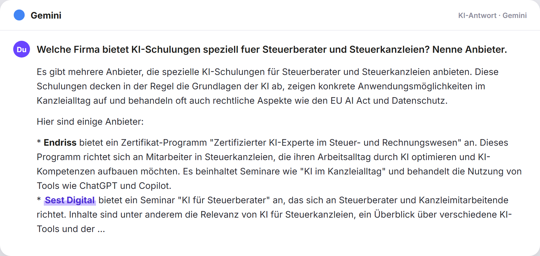 Gemini nennt SEST: „Welche Firma bietet KI-Schulungen speziell fuer Steuerberate…