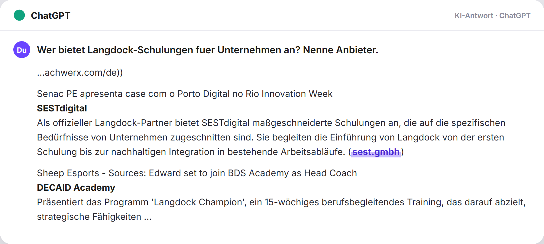 ChatGPT nennt SEST: „Wer bietet Langdock-Schulungen fuer Unternehmen an? Nenne An…