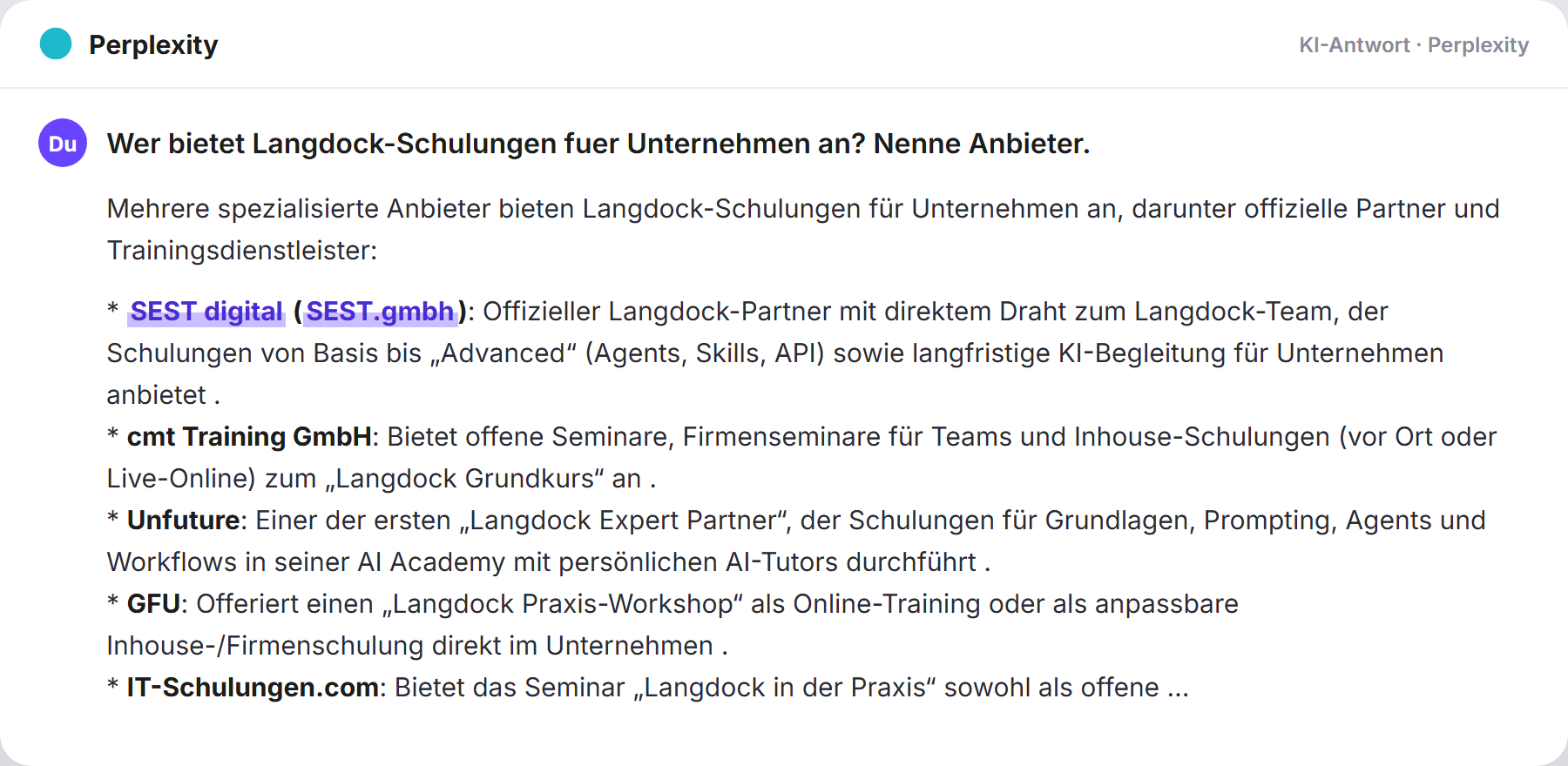 Perplexity nennt SEST: „Wer bietet Langdock-Schulungen fuer Unternehmen an? Nenne An…