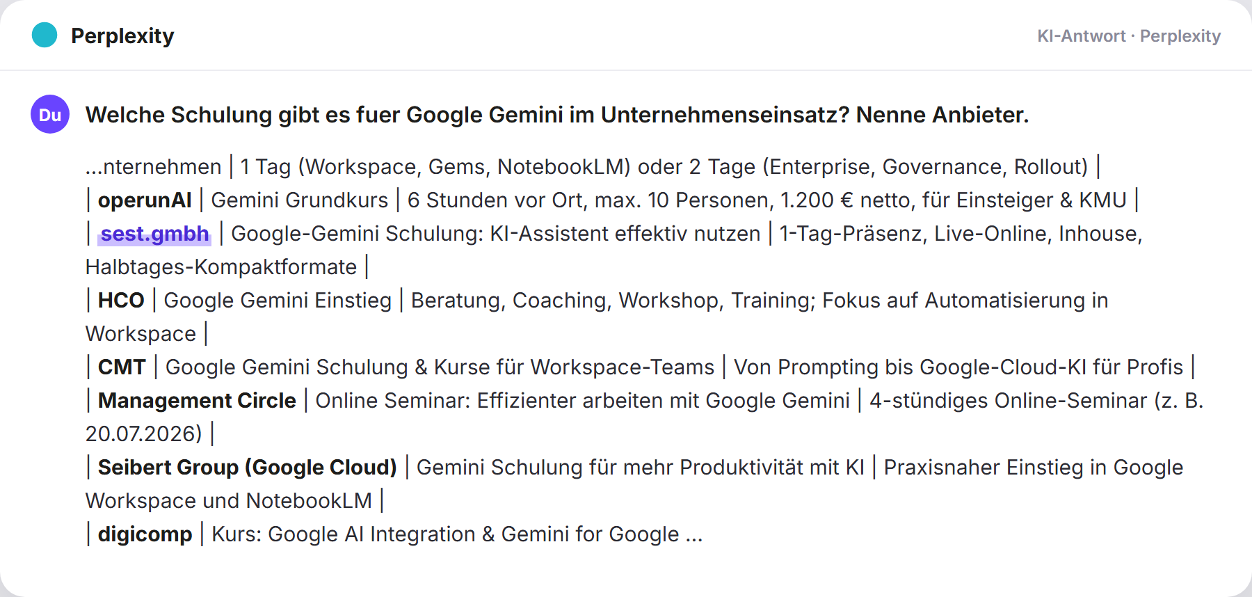 Perplexity nennt SEST: „Welche Schulung gibt es fuer Google Gemini im Unternehmensei…