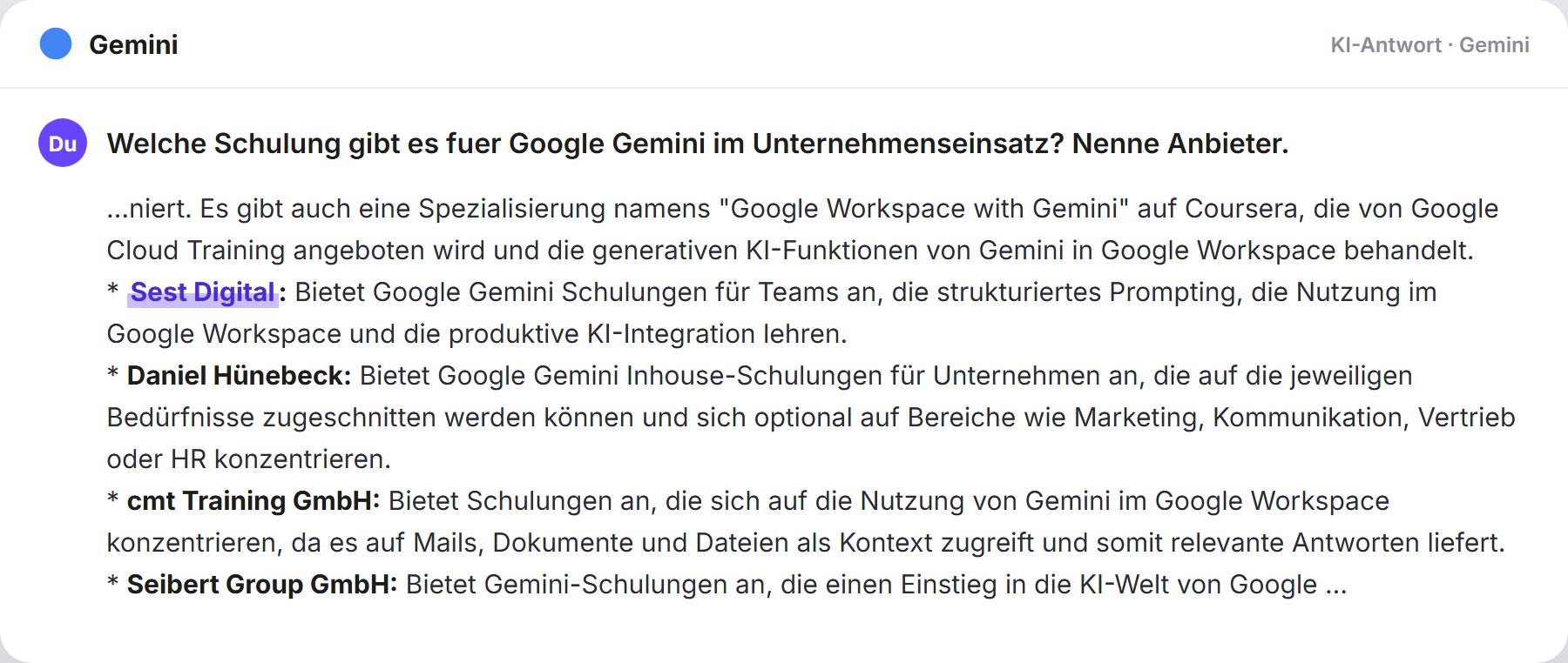 Gemini nennt SEST: „Welche Schulung gibt es fuer Google Gemini im Unternehmensei…