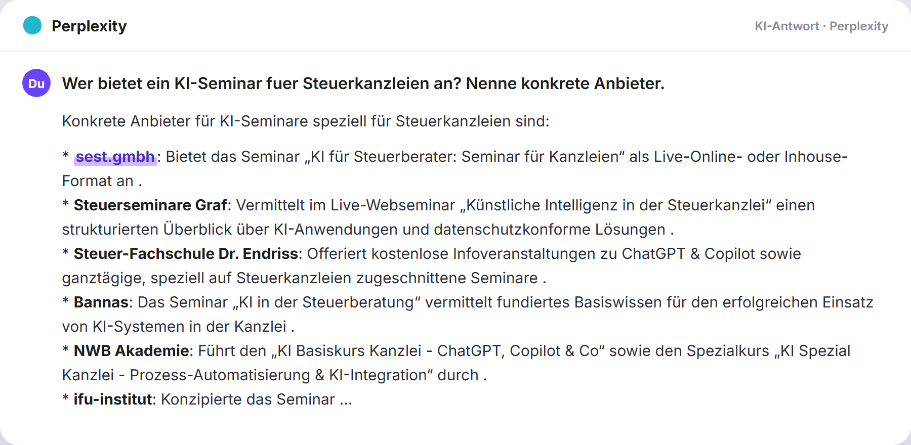 Perplexity nennt SEST: „Wer bietet ein KI-Seminar fuer Steuerkanzleien an? Nenne kon…