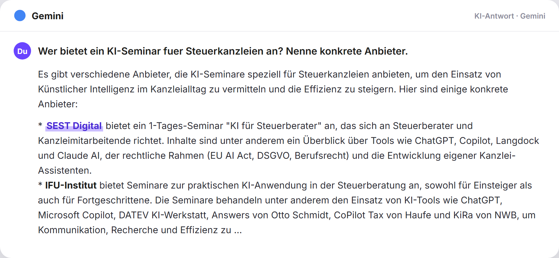Gemini nennt SEST: „Wer bietet ein KI-Seminar fuer Steuerkanzleien an? Nenne kon…