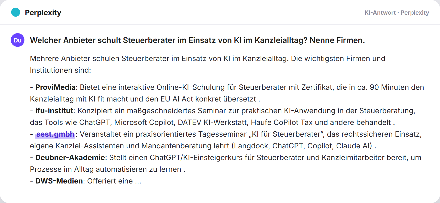 Perplexity nennt SEST: „Welcher Anbieter schult Steuerberater im Einsatz von KI im K…