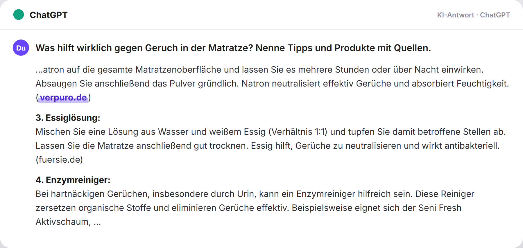 ChatGPT nennt Verpuro: „Was hilft wirklich gegen Geruch in der Matratze? Nenne Tipps…